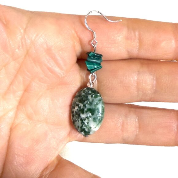 2/$20, Genuine Green Tree Agate & Malachite Gemstone Sterling Silver Earrings - Picture 10 of 11